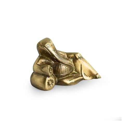 Image of ExclusiveLane 'Resting Brass Ganesha' Idol Showpiece in Pure Brass (2 Inches, 0.3 kg) | Handcarved Brass Ganesha Idol for Home Decor and Gifting Ganpati Idol for Home Decor Living Room