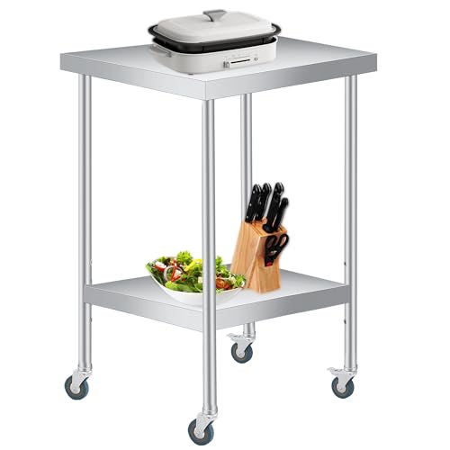 Stainless Steel Table, 24" x 24" Prep Workstation, 1000 LBS, NSF Commercial Work Table with Adjustable Undershelf and Lockable Casters, for Restaurant, Home, Kitchen, Hotel, Outdoor