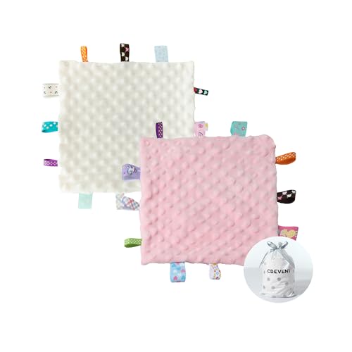 Image of CREVENT Tag Security Blankets for Babies, Soft Small Loveys for Girls, Baby Comforter Sensory Blanket, Great Gifts for Birthday Baby Shower 10"X10" (Ivory + Pink)