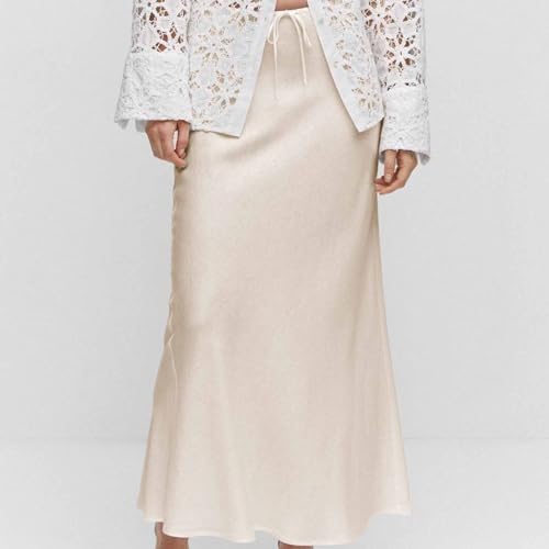 Womens Silk Skirt 2024 Summer Trendy Lace Up High Waist Maxi Skirt Flowy Casual Long Skirts with Mermaid Hem4