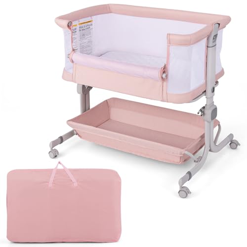 COSTWAY 3 in 1 Beistellbett, Reisebett Baby mit Matratze, Babybett 6 Fach höhenverstellbar mit Aufbewahrungskorb & Tragetasche, tragbarer Stubenwagen mit Rollen für Baby bis 6 Monaten (Rosa) COSTWAY 3 in 1 Beistellbett, Reisebett Baby mit Matratze, Babybett 6 Fach höhenverstellbar mit Aufbewahrungskorb & Tragetasche, tragbarer Stubenwagen mit Rollen für Baby bis 6 Monaten (Rosa)