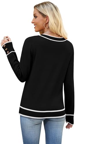 Image of WIHOLL Lightweight Sweaters for Women Long Sleeve V Neck Knit Outfits with Decorative Buttons
