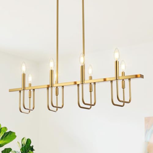 Rectangular Dining Room Light Fixtures Over Table, Linear Chandeliers for Dining Room, 8 Light Brushed Gold Chandelier Modern, Island Lights for Kitchen