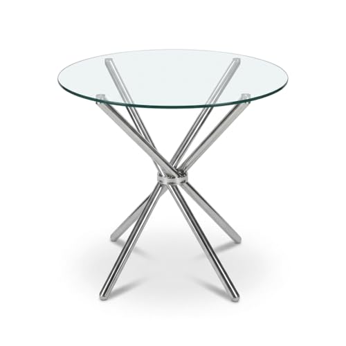 Image of Round Glass Dining Table 30 Inch Diameter with 10 mm Toughened Clear Glass Top Folding Stainless Steel Grade 202 Frame Compact Space Saving Table for Kitchen Dining Room Balcony Cafe (Steel finish)
