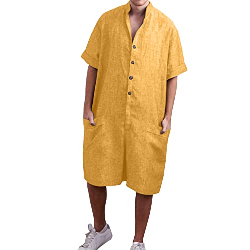 Mono de lino y algodón para hombre, holgado, casual, transpirable, ligero, de secado rápido, manga corta, con bolsillos, amarillo, XL