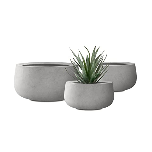 Kante 19.6", 15.7", And 11.8" D Round Natural Concrete Finish Concrete Elegant Planters (Set Of 3), Outdoor Indoor Modern Planter Pots, Lightweight, Weather Resistant, Seamless With Drainage Hole #TOP21