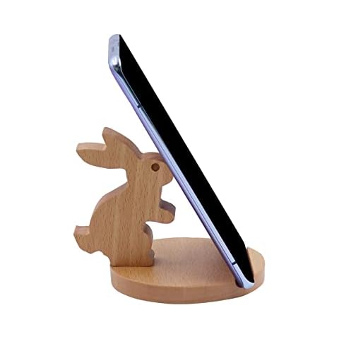 Amamcy Cute Bunny Cellphone Stand Holder Wooden Smartphone Desk Holder for All Mobile Phones Animal Phone Stand Desk Ornament Cover