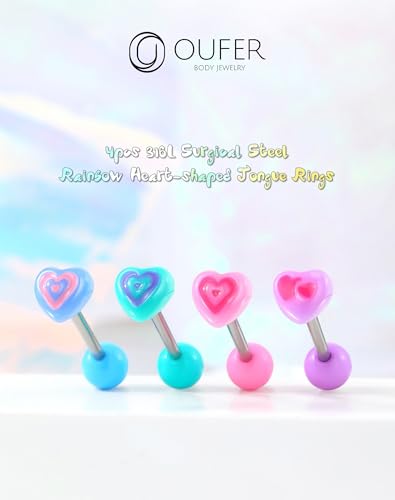 OUFER 4 piece Heart Tongue Rings, 316L Surgical Steel Tongue Rings with Rainbow Acrylic Hearts, 14G Ring Balls3