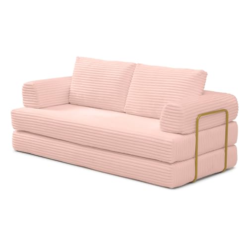 Image of HANXIN 80 Inch Convertible Sleeper Sofa Bed, High Back Plush Corduroy Folding Floor Mattress Couch with Fixed-Shape Frame, Boneless Futon Loveseat with Pull Out Bed, No Assembly Required (Pink)