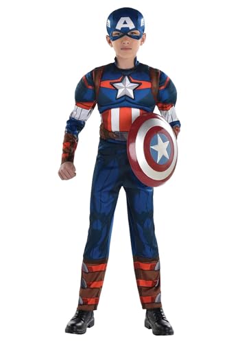 Kids Marvel Captain America Costume | Child Heroic Jumpsuit and Mask for Halloween and Dress Up Adventures Medium