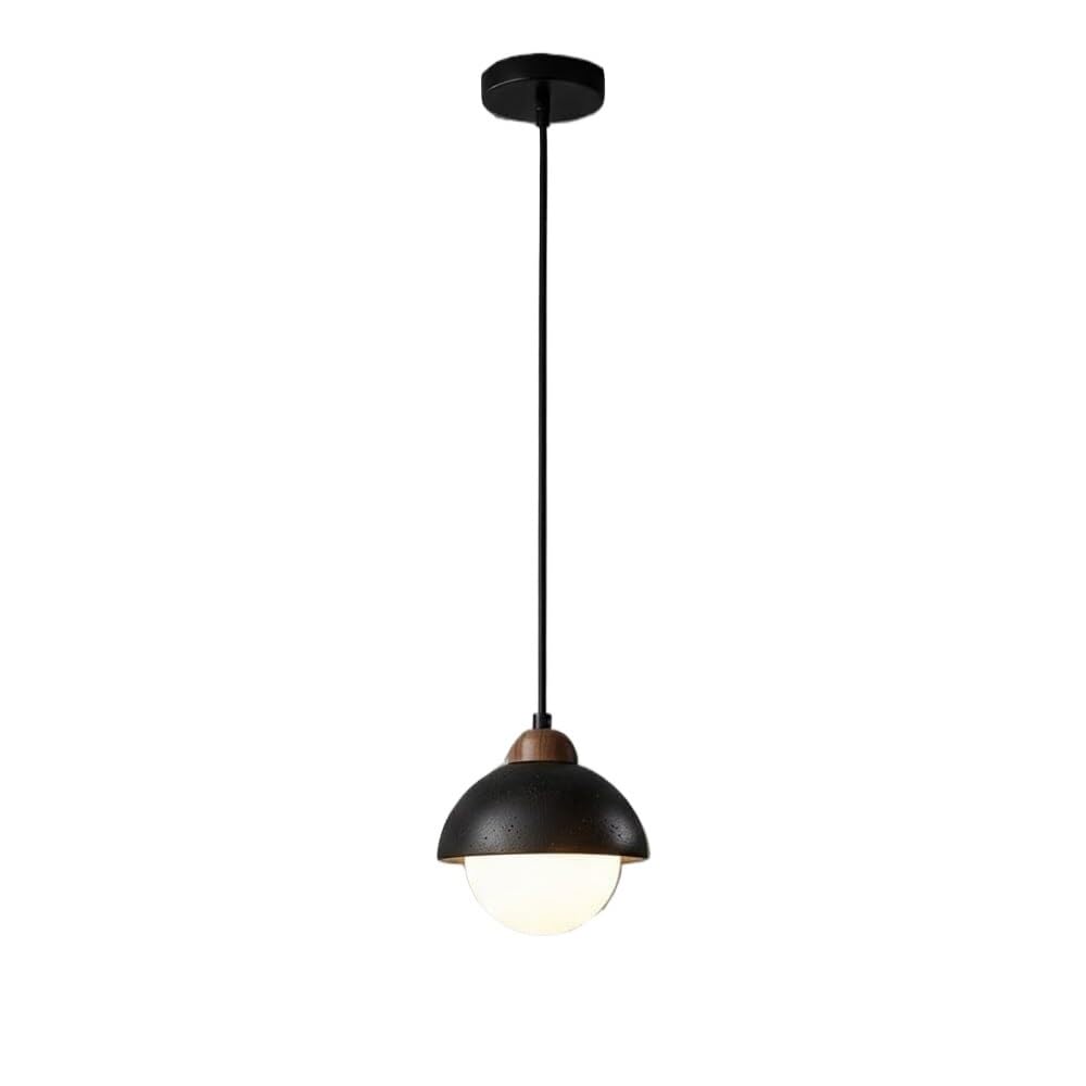 HUAYUSEDF Black Travertine Pendant Light Walnut Color Wood Accent Lamp with Frosted Glass Diffuser Metal Ceiling Hanging Fixture for Kitchen Island Bedside Lighting 6 Inch Wide