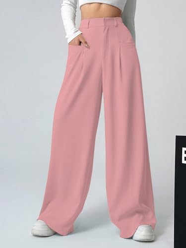 Image of Shasmi Women's Loose Mid Rise Solid, Pleated Trousers, Wide Leg Pocket Casual Long Korean Trousers Pant (146)