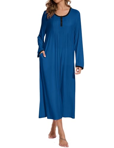 AVIIER Cotton Nightgowns for Women Soft Long Sleeve Night Gown with Pockets Navy L