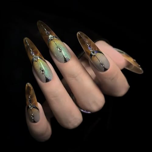 Press On Nails Handmade Long Almond Nails 3D Fake Nails for Women Reusable 10 Pcs False Fingernails Stick On Nails Artistic Salon Design, Thick Acrylic and Muti-Layer Gel Fingernails with Set
