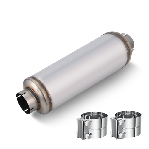 LCGP 4 Inlet Diesel Exhaust Muffler with Clamp 4 Inlet & Outlet Universal Resonator 30 Overall Length Stainless Steel Mufflers Straight Through Design welded On Muffler Resonator