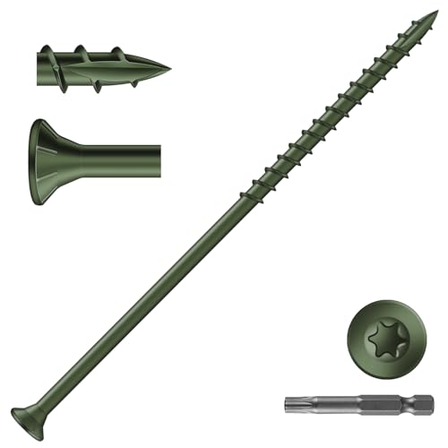 Image of #10 x 5 Inch Deck Screws (36Pcs) 1lb. Exterior Wood Screws. Carbon Steel, Green, Flat Head, Rust Resistant epoxy Coated, with T25 Star Bit