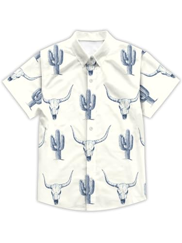 DFZ Boy’s Long Horn Hawaiian Shirt Retro Cactus Button Down Vacations Western Cowboy Party Outfits Unisex Kids