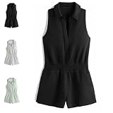 Knit Polo Romper, Knit Plus Size Rompers Women, Plus Size Sleeveless Cozy Set, Aberclothes Athletic Short Jumpsuit (Black, Medium)