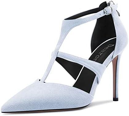 DearOnly Women Stiletto High Heel Pointed Toe Pumps T-Strap Zipper Office Dress 3.9 Inches Heels Light Blue 13 M US
