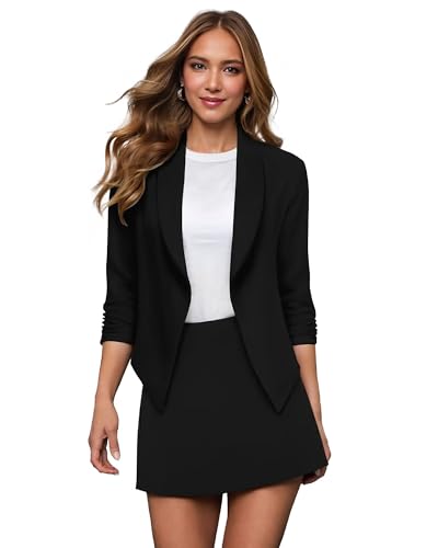 Hybrid & Company Lightweight Open Front Cardigan Classic Ruched Sleeve Work Office Blazer Suit Jackets Black