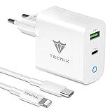 Tecnix Tecnix USB C Netzteil 38W Dual Port USB C Ladegerät mit Ladekabel,PD 3.0 USB C Power Adapter Ladestecker mit blauem LED-Licht, Schnellladegerät für Phone 12/12 Pro/11 Pad Tablets Huawei,Samsung usw