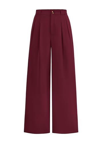 KIRUNDO Wide Leg Dress Pants for Women High Waisted Office Work Trousers Business Casual Slacks Button Flowy Palazzo Pant(Burgundy Large)
