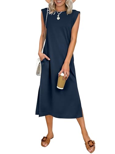 ANRABESS Womens Summer Casual Midi Dress Sleeveless Crewneck Loose Split Wrinkle-Free Beach Travel...