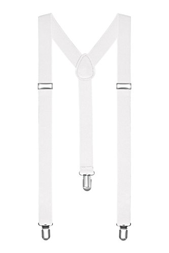 Boolavard Braces/Suspenders One Size Fully Adjustable Y Shaped With Strong Clips (White)