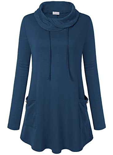 Bulotus Fall Sweaters for Women 2025 Cowl Neck Asymmetrical Long Tunics for Leggings Vacation Travel Tops with Pockets