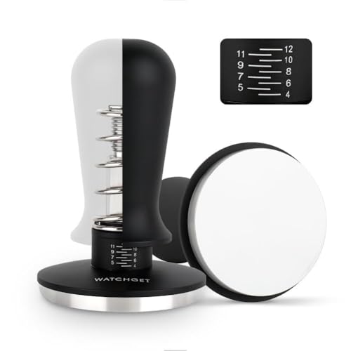 watchget 58mm Espresso Coffee Tamper, Single Spring Loaded 30lb Coffee Tamper 304 Stainless Steel Flat Base, Depth Adjustable Premium Barista Coffee Tamper with Scale for 58mm Espresso Machine
