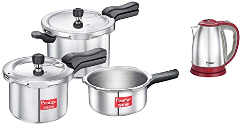 Image of Prestige Svachh Aluminium 2+3+5 Litre Combo Cooker With Induction Base + Prestige Pkoss 1.8 Litre Kettle, Red, 3 Liter