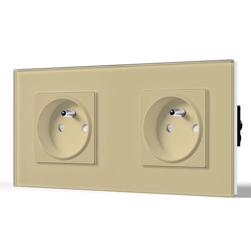 BSEED Prise Murale Prises de courant Alternatif 2 Gang Cadre en Verre Trempé Norme Française 16 Amp 240V 157mm Or