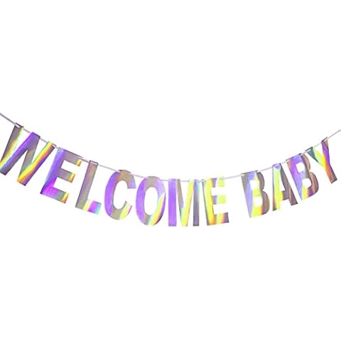Holographic Welcome Baby Banner, Iridescent Baby Shower Signs Decorations, Hanging Bunting String Flag Garland for Unicorn Parties, Under the Sea Parties, Frozen Theme Party Cover