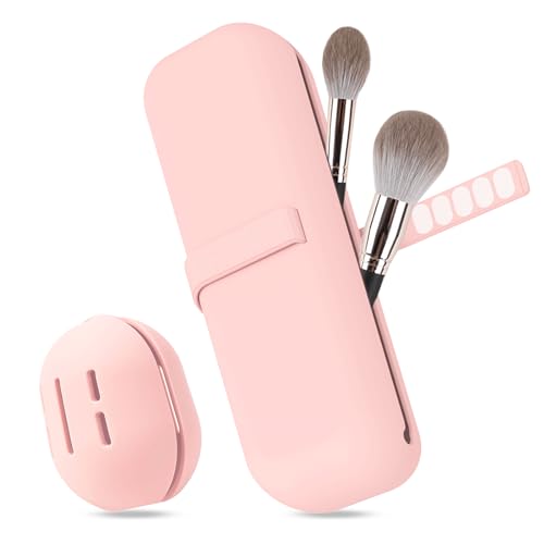 Travel Essentials Make Up Tasche Silikon, 1stk Make Up Pinsel Aufbewahrung und 1stk Beauty Blender Case, Leicht zu Reinigen, Weich und Tragbar, für Reisen (Rosa)