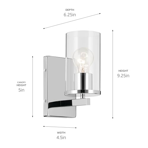 Image of Kichler Crosby 4.5 inch 1-Light Wall Sconce Bathroom Light Fixture with Clear Glass in Chrome for Bathroom, Powder Room, Hallway, Kitchen, Bedroom (4.5 inch x 9.25 inch), 45495CHCLR