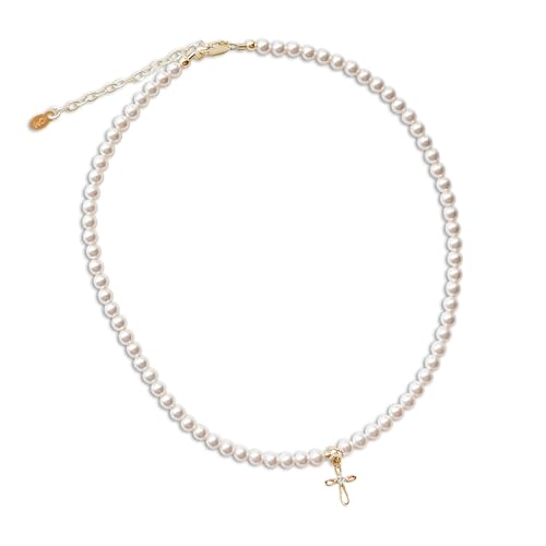 Image of Children's 14K Gold Plated or 925 Sterling Silver Cross Bracelet with Simulated Pearls for Girls First Communion, Baptism, Christening or Dedication Gift