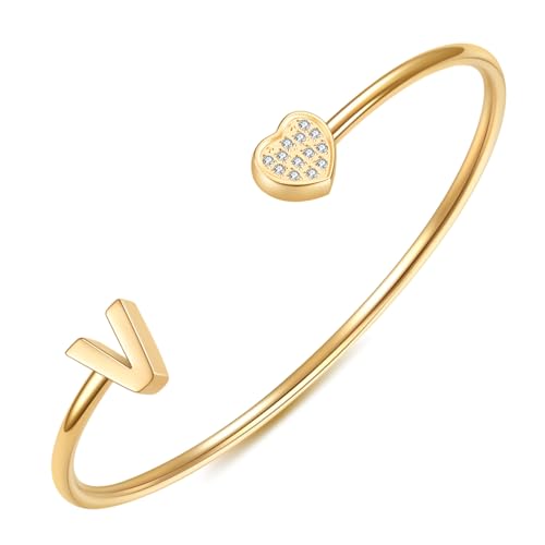 Image of VQYSKO Heart Initial Cuff Bracelets for Woman-CZ Stainless Steel Adjustable Open Bracelet Woman Jewellery,Birthday Gifts for Woman