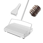 JEHONN Carpet Floor Sweeper Manual with Horsehair, Non Electric Quite Rug Roller Brush Push for Cleaning Pet Hair, Loose Debris, Lint (White)