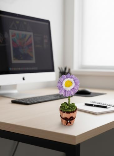 Image of Handmade Artificial Flower Pot for Home Decor | Cute Fuzzy Wire Pipe Cleaner Flower Plant | Aesthetic Tabletop Decorative Pot for Home, Office & Gifting (Soft Bloom :- White - Purple)