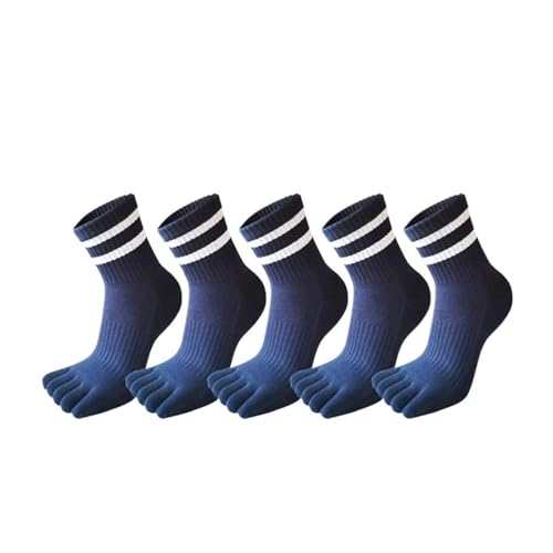 GSJNHY Calcetines de cinco dedos 5 pares de calcetines deportivos compresión for hombre, algodón grueso, a rayas, elásticos, cinco dedos, cortos, for correr al aire libre(Deep Blue)