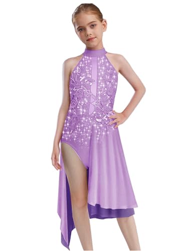 Agoky Vestido De Danza Lírica para Niñas Leotardo Patinaje Artístico Maillot Sin Manga con Malla Transparente Disfraz De Baile Actuación Morado 5-6 años