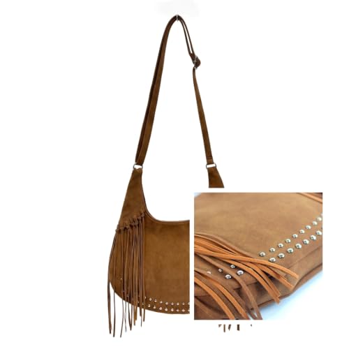 Image of Women Vintage Suede Fringe Hobo Bag Tote Shoulder Bag Crossbody Bag and Hippie Western Cowgirl Purse Shoulder Bag