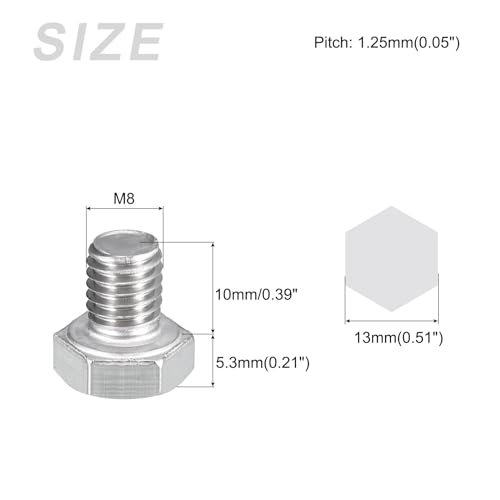 Image of METALLIXITY Hex Bolts (M8-1.25x10mm) 10Pcs, 304 Stainless Steel Coarse Fully Threaded Hex Head Screw Bolt Machine Screws - for Furniture Repair, Silver