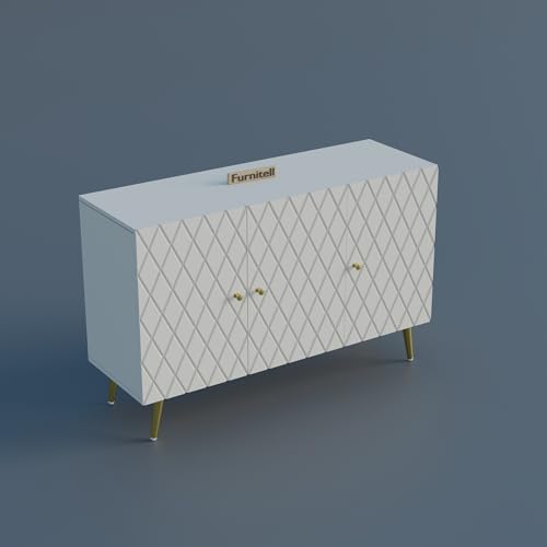 Image of Modern Wooden Storage Cabinet with 2 Doors | Geometric Design Sideboard /Cupboard for Living Room | Multipurpose Organizer for Bedroom & Entryway | HDMR Premium Wood | Gold Metal Legs(White)