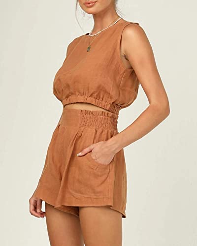 Eurivicy Women's 2pcs Summer Outfits Sleeveless Crop Tank Top and High Waist Pocketed Shorts Loose 2 Piece Short Sets4