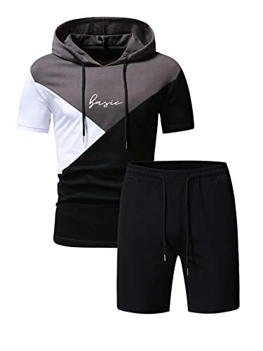 Milumia Men Tracksuits Colorblock Hooded Short Sleeve Tee Drawstring Shorts Set Multicolor 3X-Large #TOP25