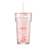 NIVAREX 15oz Glass With Straw And Lid, Reusable Iced Coffee Cup, Cute Pink Cherry Blossom Cup, Transparent Mug...