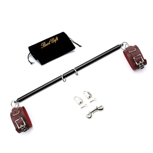 Spreader Bar Heavy Duty Adjustable Black Leg Spreader Bar with Red Adjustable Straps, Yoga Training Fitness Gear, Workout Bar, Home Sports Gym Kit, Pilates Aid Kit