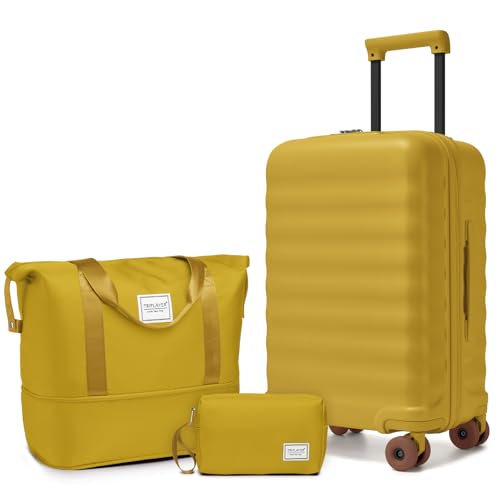 TRIPLAYER Luggage Sets 3 Piece Carry On Luggage 22x14x9 Airline Approved PC Hardside Suitcase Set with Wheels TSA Lock Durable Carry-On Suitcase with Duffel Bag for Women (Lemon Curry)