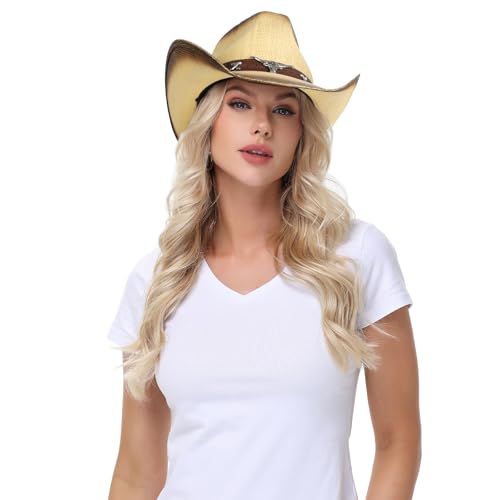 Image of WQWOVRVO Cowboy Hat,Cowgirl Hat,Western Cowboy Hats for Women /Mens /Straw Wide with Shapeable Brim Cowboy Hat for Womens